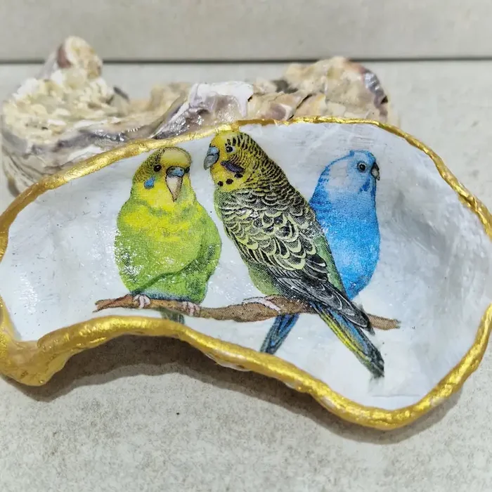 Large Budgie Trio Oyster Shell Trinket Dish