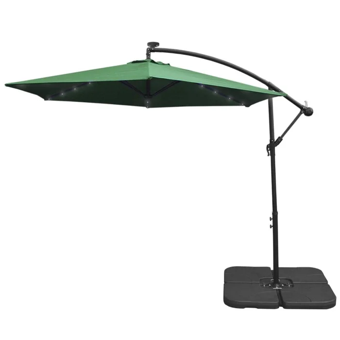 LED Cantilever Parasol 3m Green Banana Hanging Umbrella Garden Sun Shade Canopy Patio 360 Rotation Tilt UV Protection Winding Crank 24 Solar Powered Cool White Lights FREE Rain Cover & Square Base