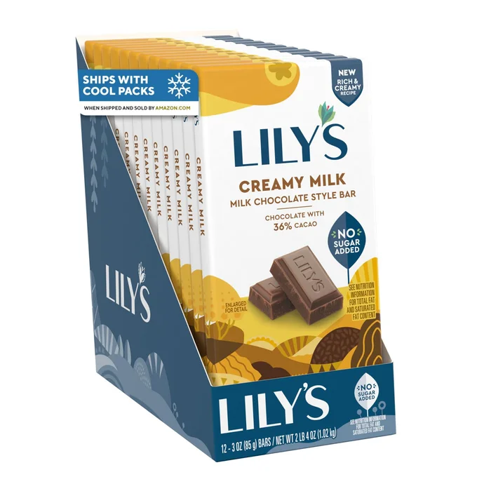 LILY’S Milk Chocolate Style No Sugar Added, Sweets Bars, 3 oz (12 Count)