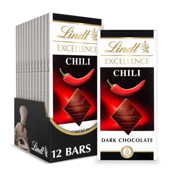 Lindt EXCELLENCE Chili Dark Chocolate Bar, Dark Chocolate Candy Infused with Spicy Red Chili, 3.5 oz. (12 Pack)