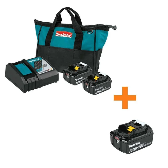 Makita BL1850BDC2B1850 18-Volt LXT Lithium-Ion Battery and Rapid Optimum Charger Starter Pack (5.0Ah) with bonus 18V LXT Battery 5.0Ah