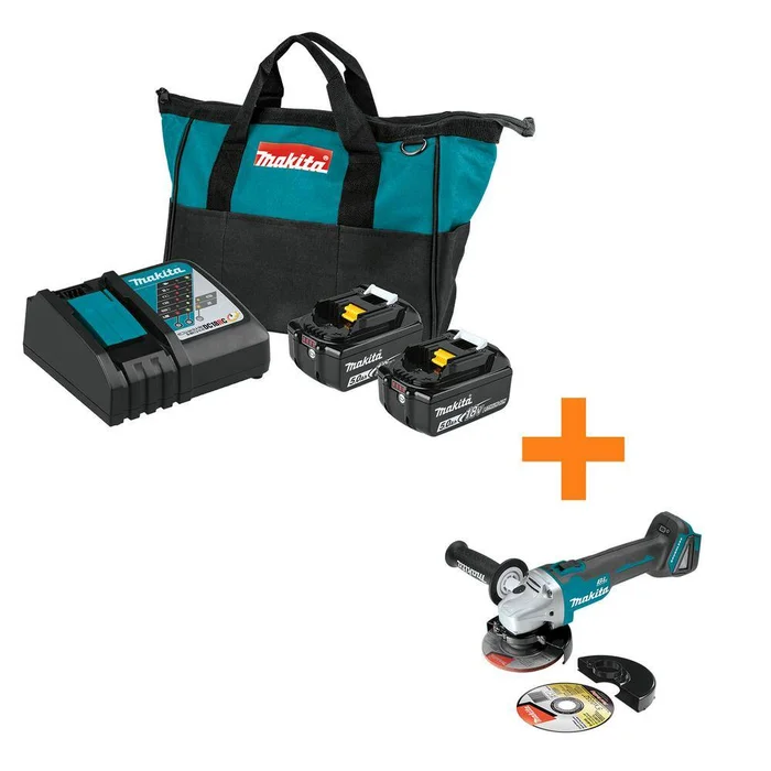 Makita BL1850BDC2XAG04 18-Volt LXT Battery and Rapid Optimum Charger Starter Pack (5.0Ah) with bonus 18V LXT Brushless Cut-Off/Angle Grinder