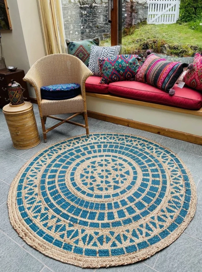 Mandala Pattern Turquoise Rug Jute with Block Print