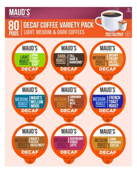 Maud’s Decaf Coffee Pods Variety Pack, 80 ct, 9 Assorted Coffee Flavors, Arabica Roasted Decaffinated Coffee