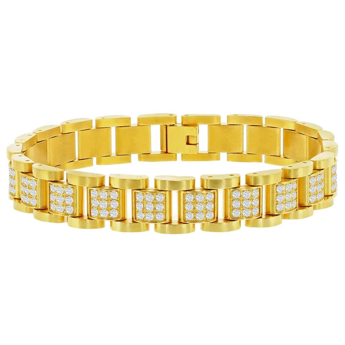 Men’s Bracelet – YG Plated Stainless Steel CZ Pave Square Link | ST-1614