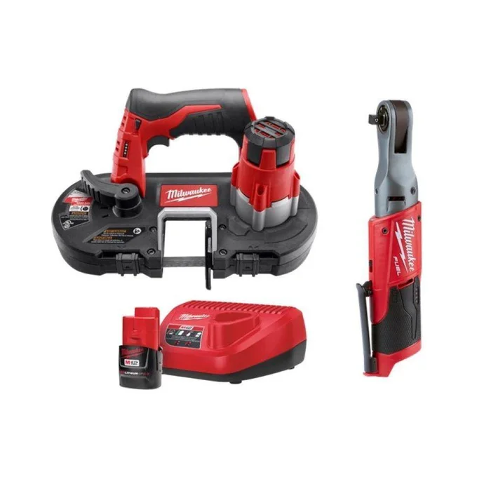 Milwaukee 2429-20-2557-20-48-59-2420 M12 12V Lithium-Ion Cordless Sub-Compact Band Saw and 3/8 in. Ratchet Combo Kit W/ (1) 2.0Ah Battery and Charger