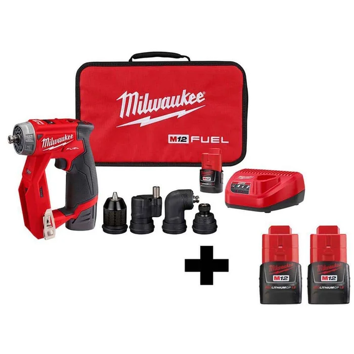 Milwaukee 2505-22-48-11-2411 M12 FUEL 12V Lithium-Ion Brushless Cordless 4-in-1 Installation 3/8 in. Drill Driver Kit W/ Batteries (2-Pack)