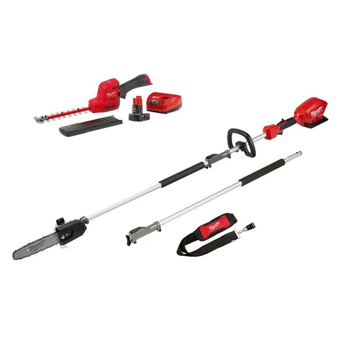 Milwaukee M12 FUEL 8 in. 12V Lithium-Ion Brushless Cordless Hedge Trimmer Kit with M18 FUEL 10 in. Pole Saw (2-Tool)