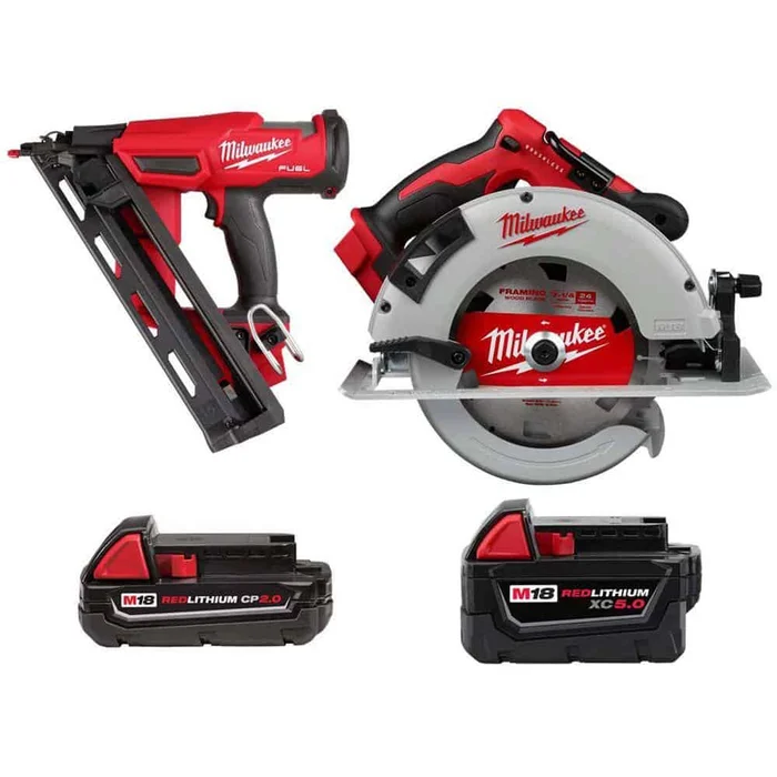 Milwaukee M18 Brushless 15-Gauge Finish Nailer, Cordless 7-1/4 in. Circular Saw, M18 2.0 Ah Battery, M18 5.0 Ah XC Battery
