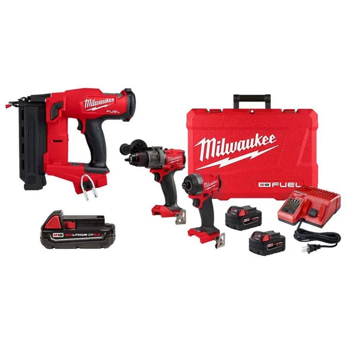 Milwaukee M18 FUEL 18-Gauge Cordless Brad Nailer, M18 FUEL Hammer Drill, Impact Driver Combo Kit w/2 Batteries, M18 2.0 Ah Battery