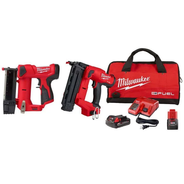Milwaukee M18 FUEL 18-Volt Brushless Cordless 18-Gauge Brad Nailer Kit w/M12 23-Gauge Cordless Pin Nailer & M12 2.0AH Battery