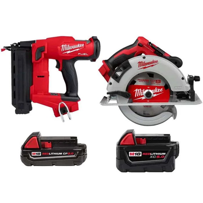 Milwaukee M18 FUEL Cordless 18-Gauge Brad Nailer, Cordless 7-1/4 in. Circular Saw, M18 2.0 Ah Battery, M18 5.0 Ah XC Battery