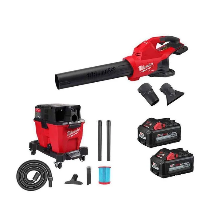 Milwaukee M18 FUEL Dual Battery 145 MPH 600 CFM 18V Cordless Blower w/9 Gal. Cordless Wet/Dry Shop Vacuum, (2) 6.0 Ah Batteries