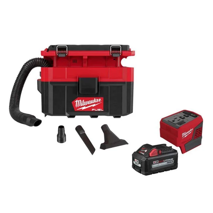 Milwaukee M18 FUEL PACKOUT 18-Volt Lithium-Ion Cordless 2.5 Gal. Wet/Dry Vacuum and M18 Compact Inverter with 6.0 Ah Battery