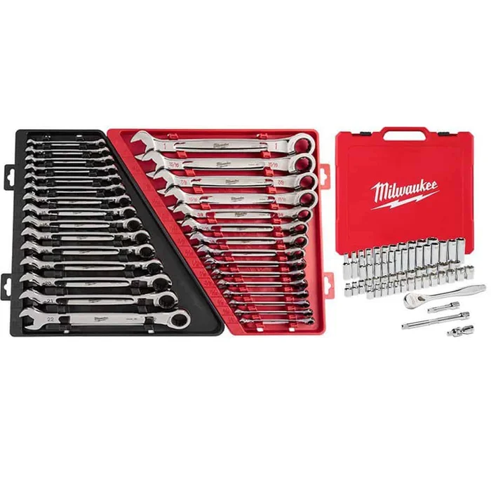 Milwaukee SAE/Metric Combination Ratcheting Wrenches with 3/8 in. Drive SAE/Metric Ratchet & Socket Mechanics Tool Set (86-Piece)