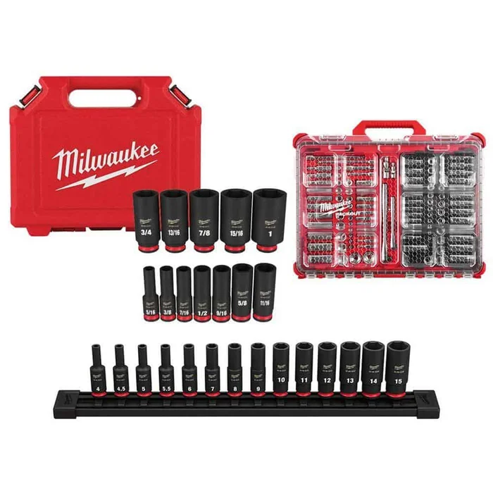 Milwaukee Shockwave 1/4 in. 3/8 in. Drive Deep Well Impact/Chrome Ratchet Socket Set with Packout (132-Piece)