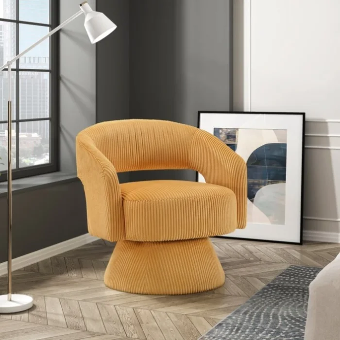 Modern Luxurious Swivel Accent Chair Yellow Soft Corduroy Upholstery Plush Seating Solid Wood GL-B011P256233