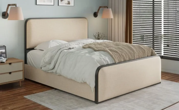 Modern Metal Bed Frame with Curved Upholstered Headboard and Footboard Bed with 4 Storage Drawers, GL-N701P229016B