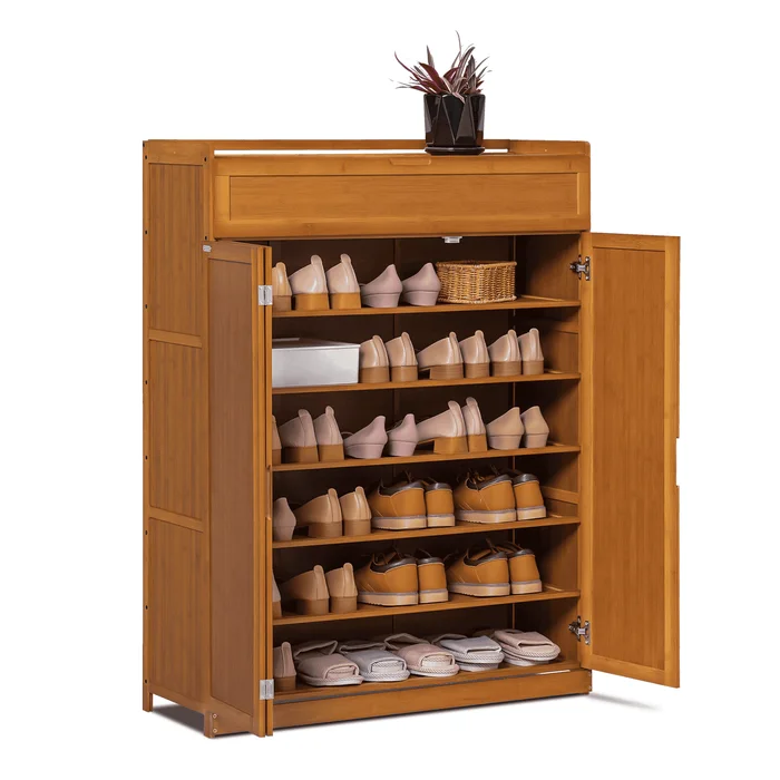 MoNiBloom Bamboo 7 Tier Organizer Cabinet with Folding Door, 35 Pairs of Shoes Rack, Brown, for Home