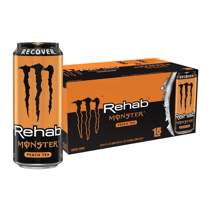 Monster Energy Rehab Peach Tea + Energy, Energy Iced Tea, Energy Drink, 15.5 Ounce (Pack of 15)