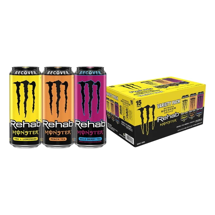 Monster Energy Rehab Tea + Lemonade, Peach Tea, Wild Berry Tea, Variety Pack, Energy Iced Tea,15.5 Ounce (Pack of 15)