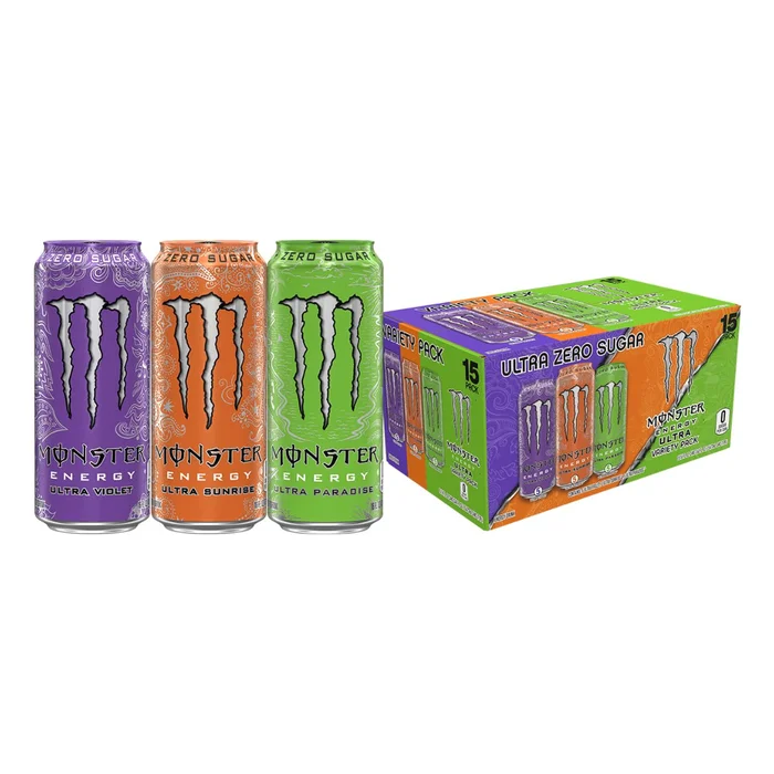 Monster Energy Ultra Variety Pack, Ultra Violet, Ultra Sunrise, Ultra Paradise, Sugar Free Energy Drink, 16 Ounce (Pack of 15)