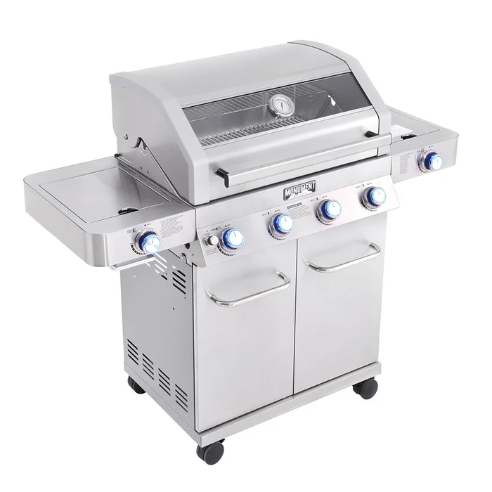 Monument Grills 4 – Burner Liquid Propane Infrared 72000 BTU Gas Grill with Side Burner and Cabinet
