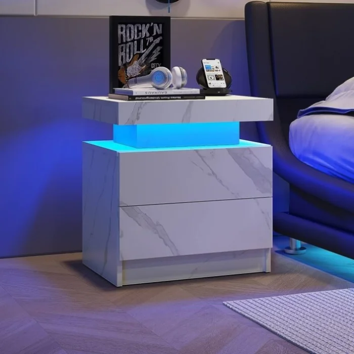 Nightstand LED Bedside Table Cabinet Lights Modern End Side with 2 Drawers for Bedroom GL-W2178138739