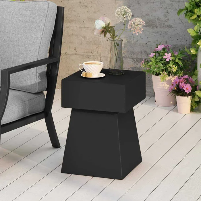Noble House Aesop Matte Black Square Stone Outdoor Patio Side Table