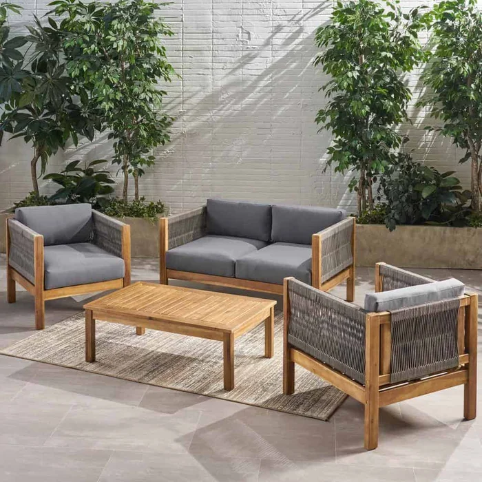 Noble House Laurel Teak Brown 4-Piece Wood Patio Conversation Seating Set with Grey Cushions