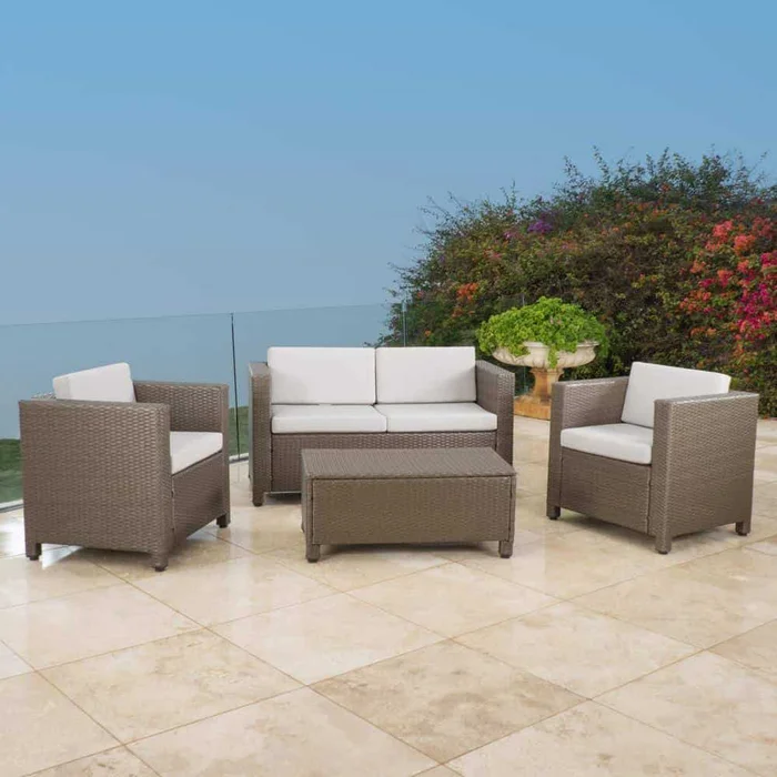 Noble House Puerta Brown 4-Piece Plastic Patio Conversation Set with Gray Cushions