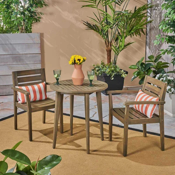 Noble House Stamford Grey 3-Piece Wood Outdoor Bistro Set with Straight-Legged Table