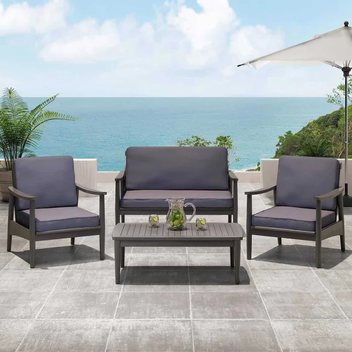 Noble House Willowbrook Grey 4-Piece Wood Patio Conversation Seating Set with Dark Grey Cushions