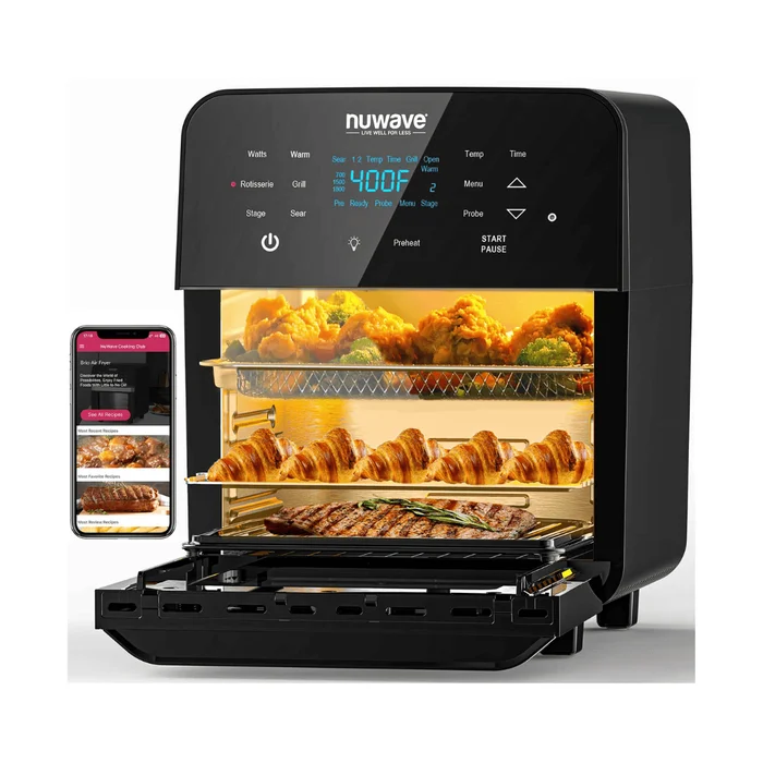 Nuwave Brio 15.5Qt Air Fryer Rotisserie Oven, X-Large Family Size, Powerful 1800W, 4 Rack Positions
