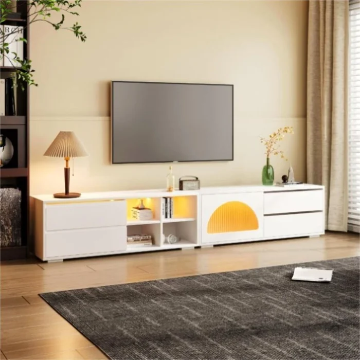 ON-TREND Modern TV Stand with Fluted Glass Door for TVs Up to 100″, Media Console with Sliding Door GL-N721P198932K