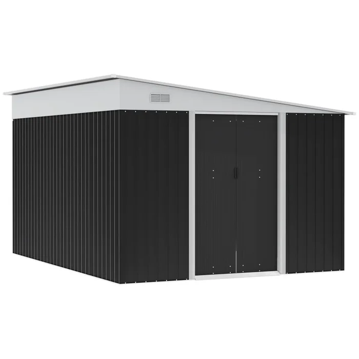 Outsunny 11.3 x 9.2ft Lean to Metal Garden Shed, Outdoor Galvanised Tool Storage House with Double Sliding Doors and 2 Air Vents, Black