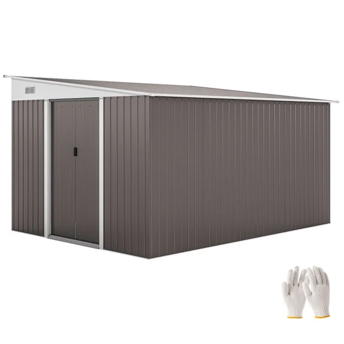 Outsunny 11.3 x 9.2ft Lean to Metal Garden Shed with Double Sliding Doors, Outdoor Galvanised Tool Storage House with 2 Air Vents, Grey