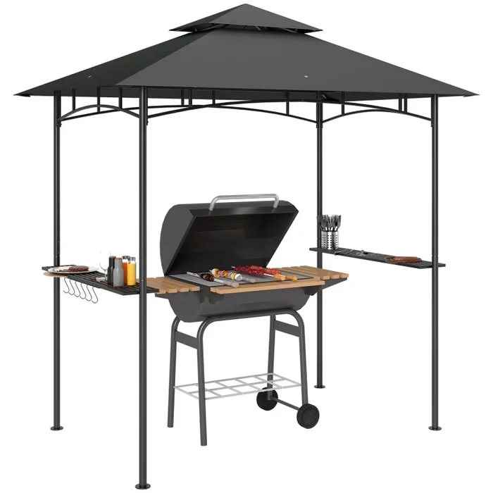 Outsunny 2.4 x 1.5 m (8′ x 5′) Grill Gazebo Canopy with LED Lights, Double Tiered Outdoor BBQ Gazebo Shelter with 2 Side Shelves, Storage Basket and Hooks for Garden, Barbecue, Picnic, Dark Grey