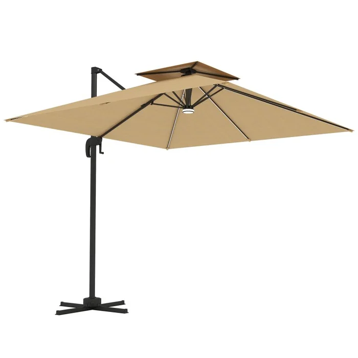 Outsunny 2.5m Cantilever Parasol with Solar Powered LED Lights, Double Top Square Overhanging Garden Parasol with 360 Rotation, Tilt Adjustment, Crank Handle, Khaki