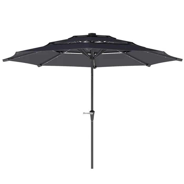 Outsunny 2.6 m Garden Parasol with Solar LED Lights, 3-Tier Patio Umbrella Outdoor with Tilt Mechanism & Crank Handle, UPF 30+, Table Umbrella for Market Terrace, Dark Grey