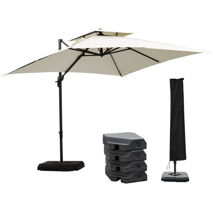 Outsunny 2.7 x 2.7(m) Cantilever Parasol with Aluminium Frame, Crank and Tilt, 360-Degree Rotation, Double Top Garden Umbrella with Base and Cover, Beige
