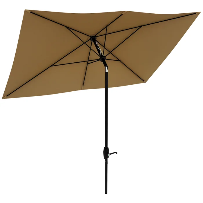 Outsunny 2 x 3(m) Garden Parasol Umbrella, Rectangular Outdoor Market Umbrella Sun Shade with Crank & Push Button Tilt, 6 Ribs, Aluminium Pole, Brown