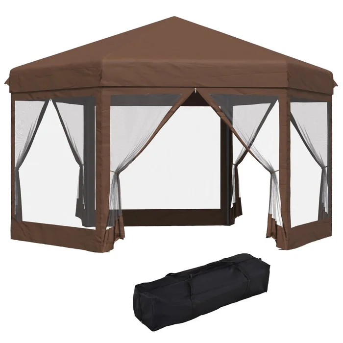 Outsunny 3.5m x 4m Hexagonal Pop Up Gazebo, Canopy Tent Sun Shelter for Patio Outdoor Party, Height Adjustable, with Mosquito Netting and Carry Bag – Brown