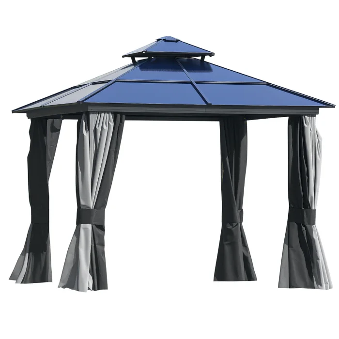 Outsunny 3 x 3(m) Polycarbonate Hardtop Gazebo Canopy with Double-Tier Roof and Aluminium Frame, Garden Pavilion with Mosquito Netting and Curtains