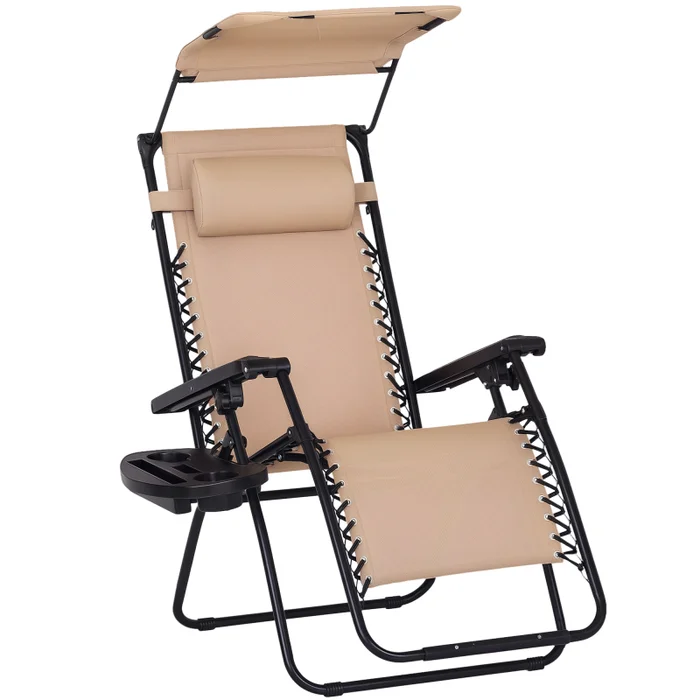 Outsunny Foldable Reclining Garden Chair with Headrest, Zero Gravity Deck Sun Lounger Seat Chair with Footrest, Armrest, Cup Holder & Canopy Shade, Beige