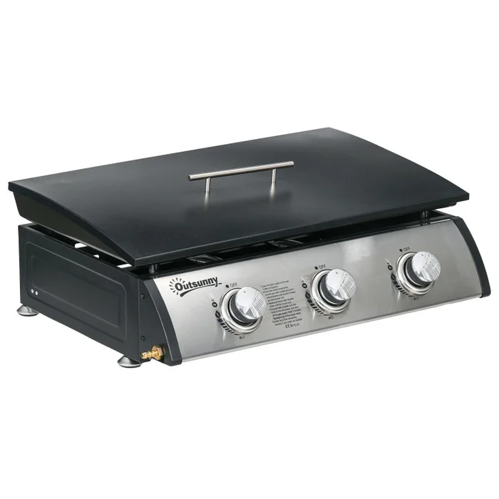 Outsunny Gas Plancha Grill with 3 Stainless Steel Burner, 7.5kW, Portable Tabletop Gas BBQ with Non-Stick Griddle and Lid for Camping Picnic Garden Party Festival
