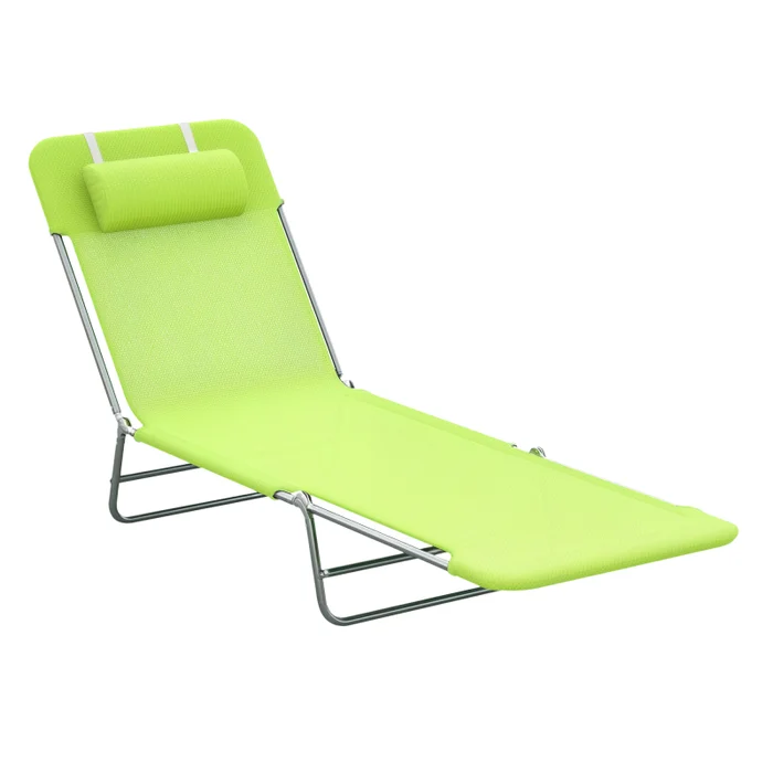 Outsunny Outdoor Foldable Sun Lounger, Adjustable Backrest Garden Recliner Sun Lounger Chair with Headrest Pillow, Green
