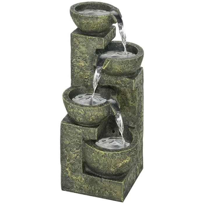 Outsunny Outdoor Garden Water Feature with 4-Tier Stacked Stone Look Bowls, Patio Cascading Waterfall Fountain, Adjustable Flow, Rustic D??cor, Black and Yellow