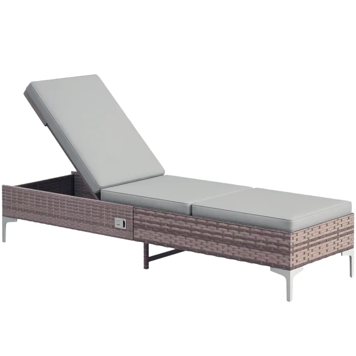 Outsunny Outdoor PE Rattan Sun Lounger, Multi-position Backrest Adjustable Single Recliner Sunbed Daybed with Removeable & Washable Cushion, for Patio, Garden, Light Grey