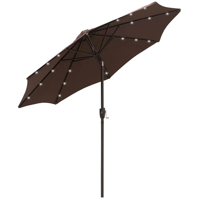 Outsunny Φ2.7m Garden 24 LED Light Parasol Solar Outdoor Tilt Sun Umbrella Patio Club Party Event Manual Sun Shade w/ Hand Crank and 8 Ribs, Brown
